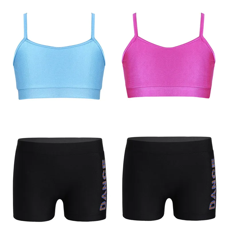 TiaoBug Crianças Meninas Dois-peça Desgaste da Dança Top curto com Shorts Sports Set Crianças Ballet Dança Workout Shorts de Ginástica tops Set