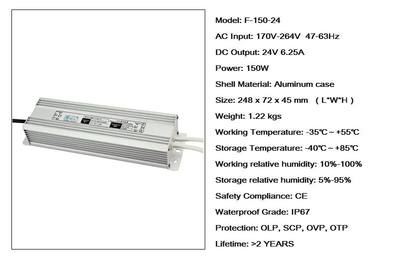 2Pcs/lot 24V 6.25A 150W Transformers Driver for LED Strip 3528 AC220-240V To DC24V Switching Power Supply Waterproof IP67