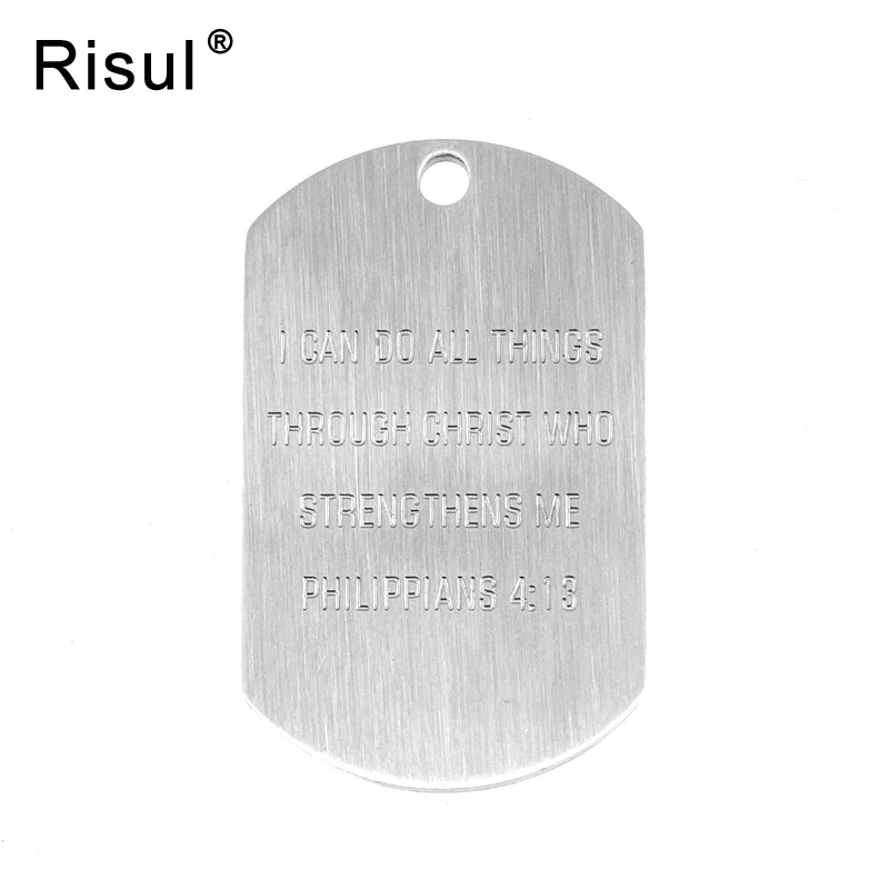 Risul Military tag Christianity Bible Philippians 4:13 matte 22x36mm Stainless steel brush polished pendant necklace 10pcs