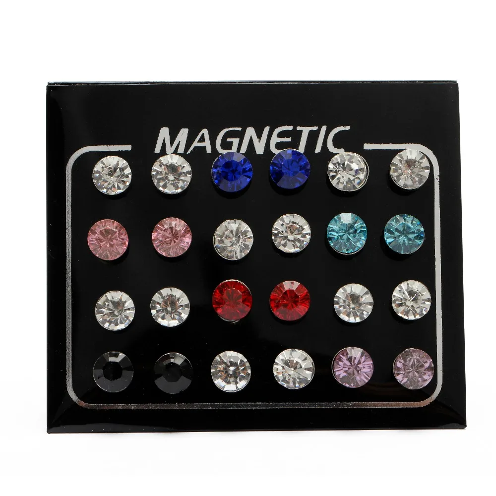 Fashion 12 Pair/lot 4/5/6/7mm Round Crystal Rhinestone Magnet Stud Earring Puck Womens Mens Magnetic Fake Ear Plug Jewelry