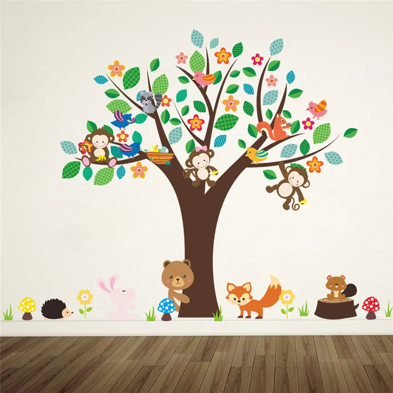 Cartoon Animals Floral Tree Wall Sticker For Kindergarten Kids Room Home Decoration Rabbit Fox Monkey Safari Mural Art Decals