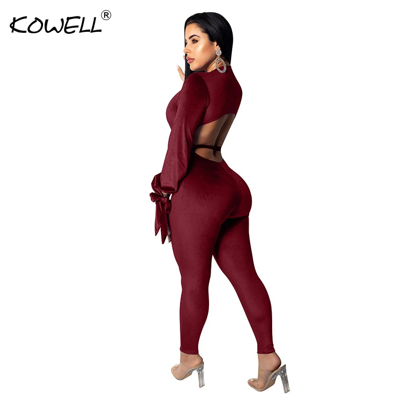 2019 Pleuche v profundo neck backless jumpsuit Mulheres inverno manga longa de cintura alta macacão Elegante macacão macacões sexy primavera