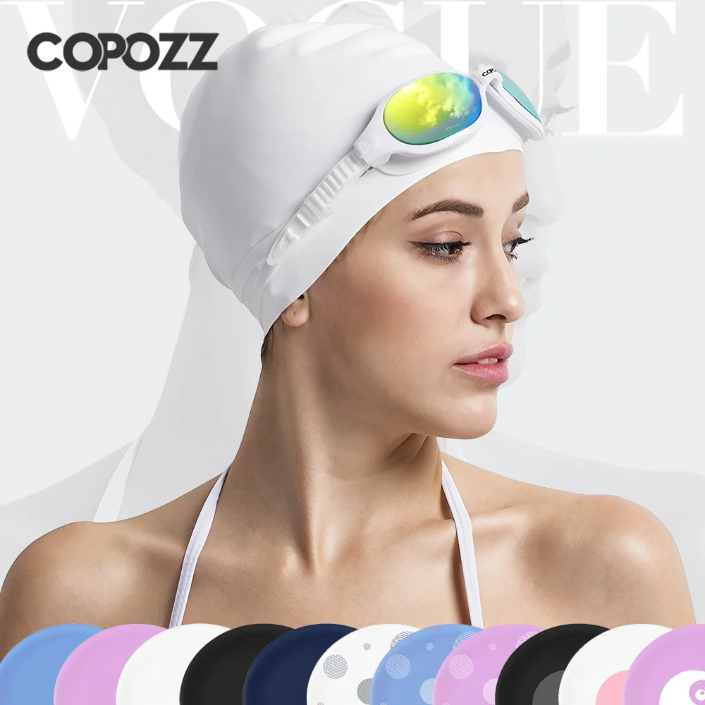 Copozz-Goma de silicona elástica, resistente al agua, protege las orejas, pelo largo, deportes, piscina, gorro de natación de gran tamaño para