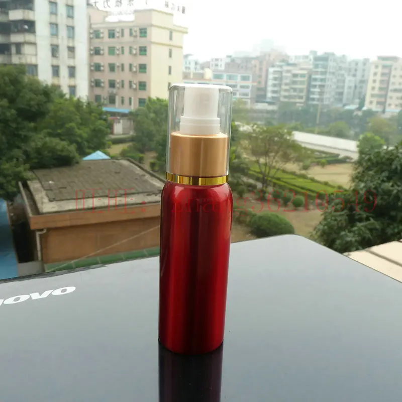 

80ml aluminum red bottle With (white plastic + gold aluminum) mist sprayer.aluminum perfume atomizer bottle container