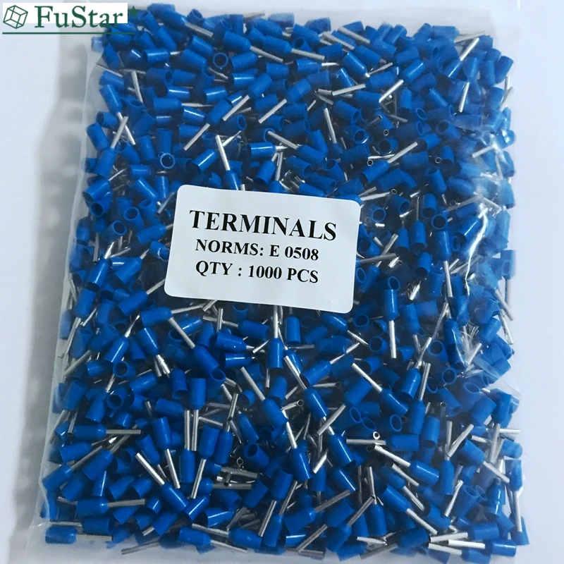 1000pcs E0508 Tubular Wire Cold Pressure Connector Electrical Terminals Cable Crimps Wire Ferrules For 0.5mm2 22 AWG Wire VE0508