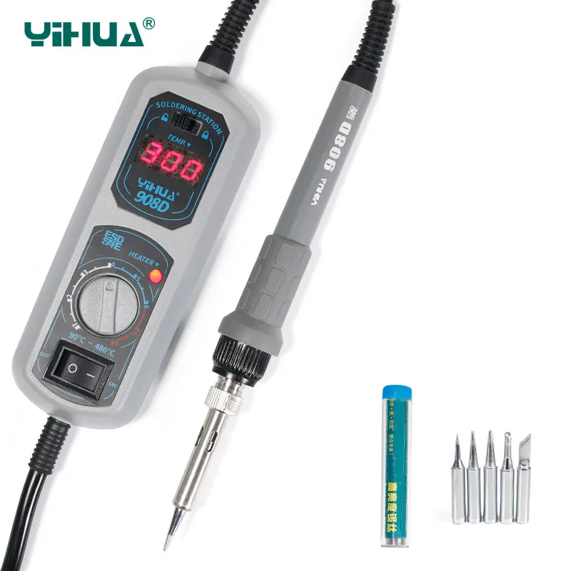Yihua-ferro de solda original 908d com temperatura ajustável, 220v/110v., ferro de solda elétrica + 5 pontas + suporte + pinças + estanho.