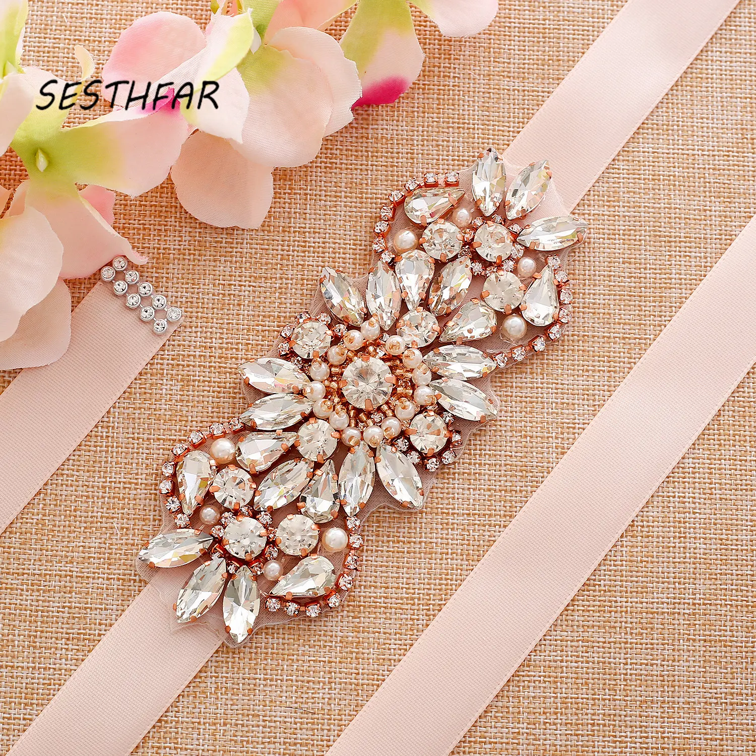 

SESTHFAR Bridal Belt Rhinestones Wedding Belt Hand Rose Gold Beaded Crystal Bridesmaid Belt For Wedding Dresses