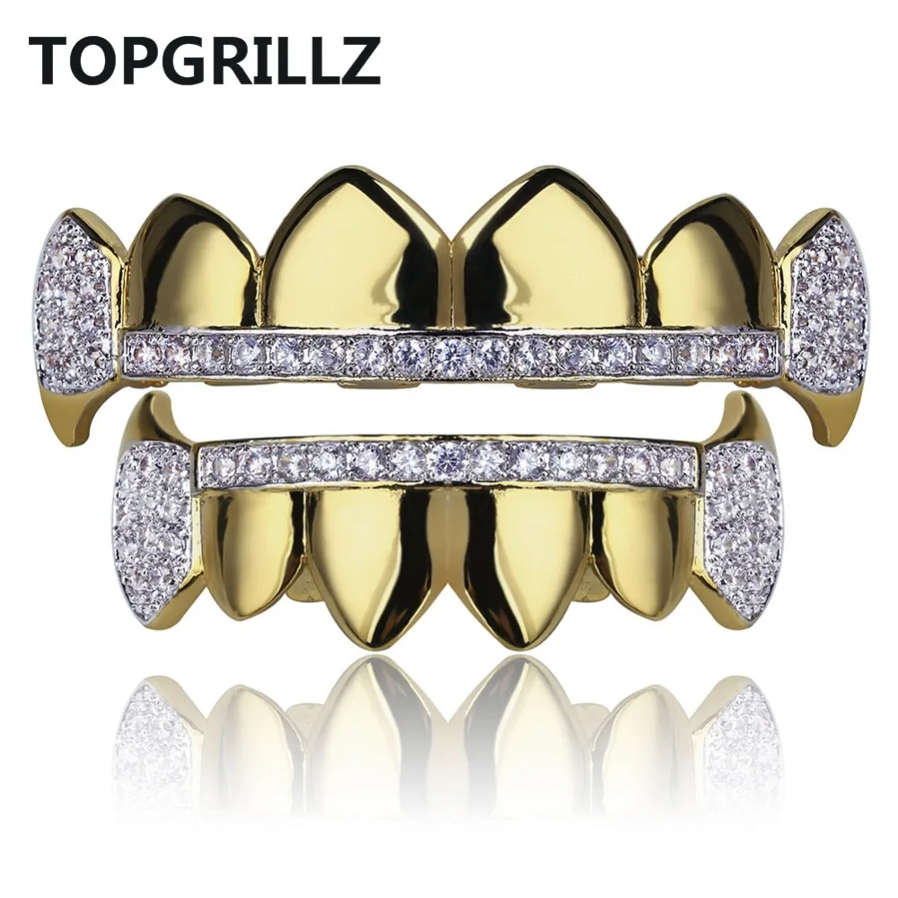 

TOPGRILLZ Gold Hip Hop Teeth Grillz Micro Pave Cubic Zircon Top&Bottom Vampire Fangs Teeth Grills Set Holleween Gift Men Women