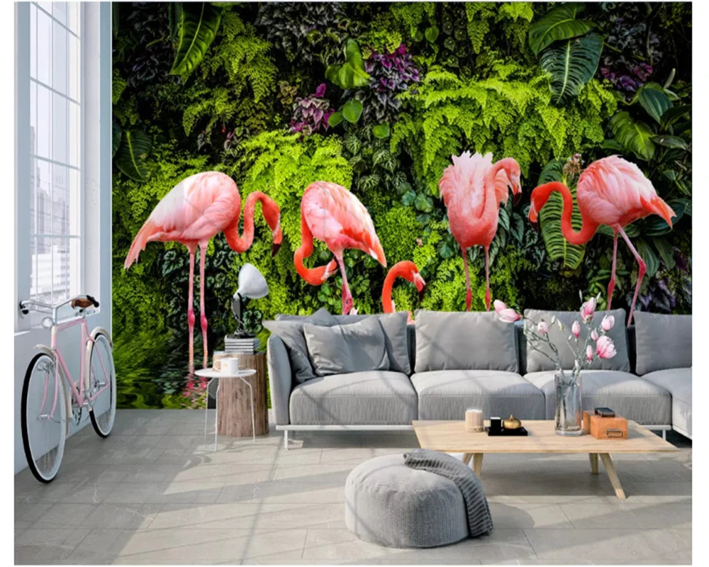 

beibehang Nordic small fresh tropical rainforest banana leaf flamingo personality background modern papel de parede 3d wallpaper