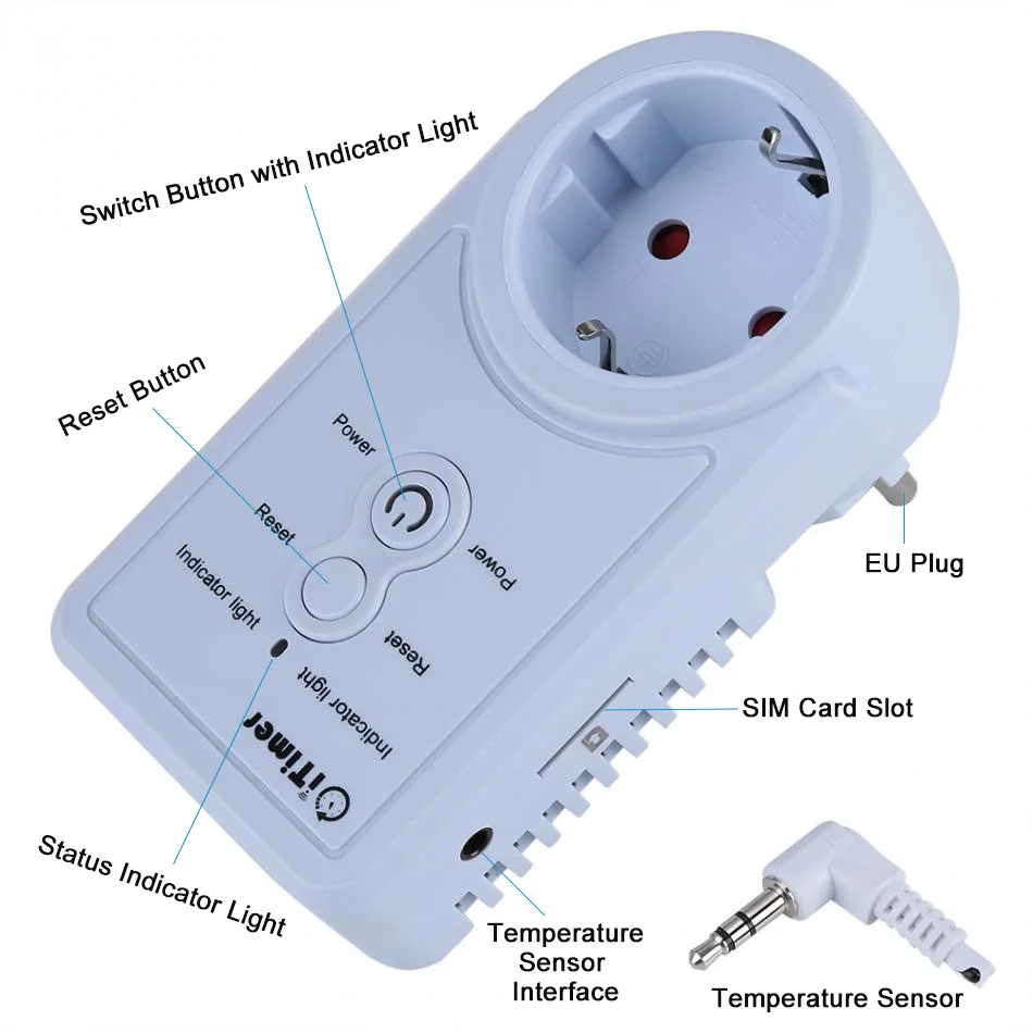 English Russian SMS Control Smart GSM Power Plug Socket Outlet Switch with Temperature Sensor Timing Control