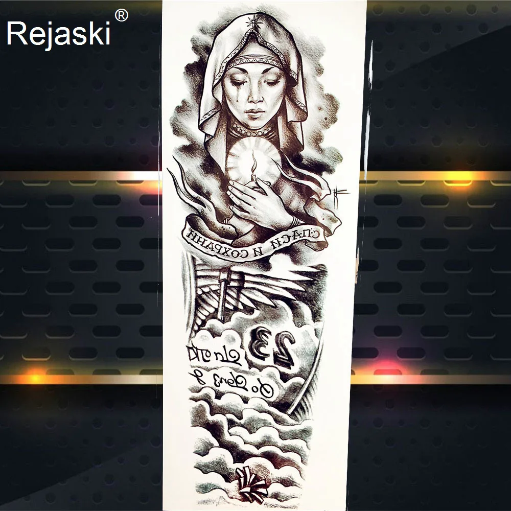 48x17CM Black Sword Totem Cry Nun Temporary Tattoo Men Full Arm Body Art Tattoo Sticker Women Rope Waterproof Tatoo Big Wave Leg