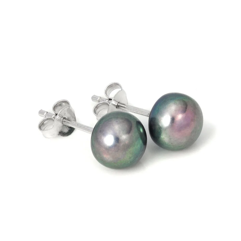 hot 925 Sterling Silver 8-8.5mm Real Freshwater Pearl white Grey Black purple Natural stud Earrings for 1 pair