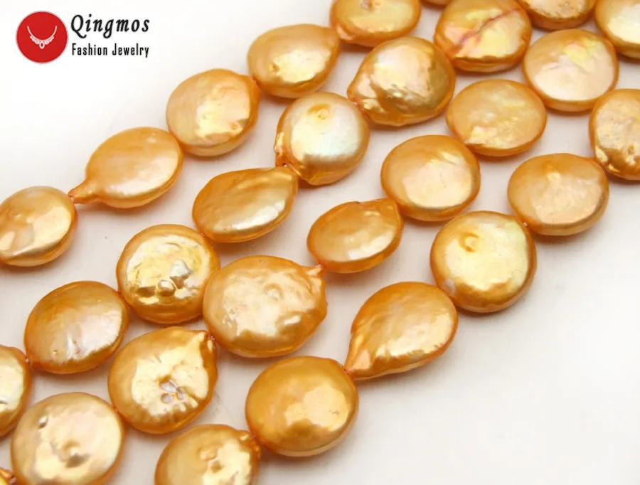 Qingmos Natural 13-mm Coin Round Orange Freshwater Pearl Loose Beads for Jewelry Making DIY Necklace Bracelet Earring 14