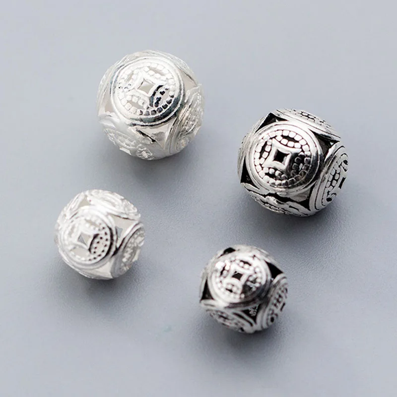 100% 925 Sterling Silver Ancient Coins Charm Beads Hollow Out Spacer Craft Silver Beads DIY Bracelets Jewelry Making Findings