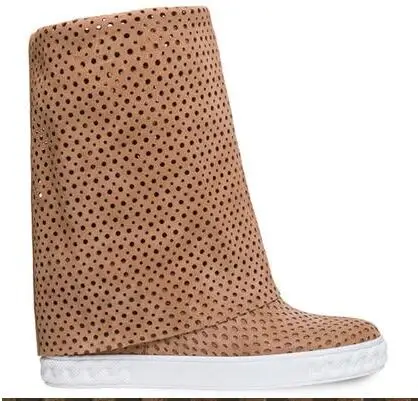 Women Rubber Boots Red Fashion Hidden Wedge Platform Cut-out Sandals Boots Woman Rome Style Suede Knee High Long Boots Shoes