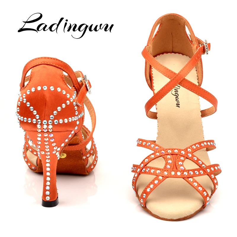 

Ladingwu Dance Shoes Latin Women Rhinestone Salsa Shoes Dance Ballroom Party Profession Dance Shoes unique design Brown Satin