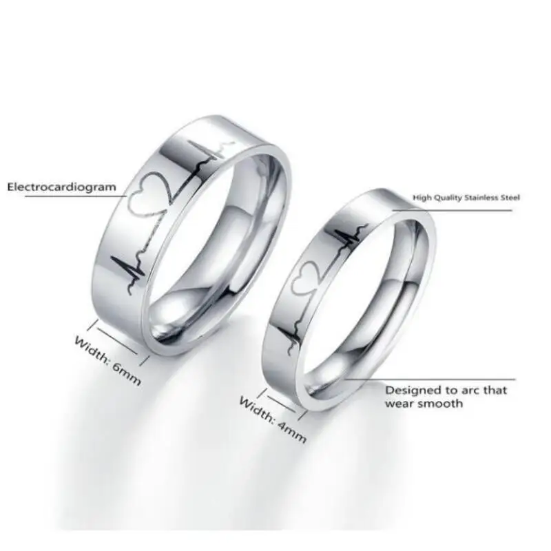 Heartbeat ECG Couple Ring Titanium Steel Engagement Ring He and her Commitment Love Token Best Gift