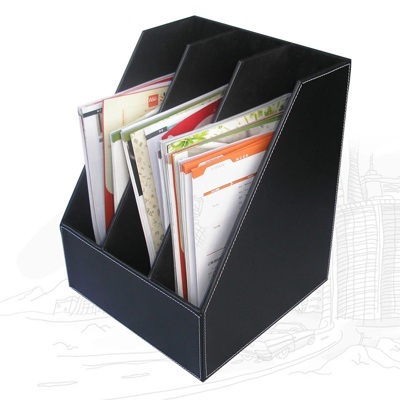 3 Compartments File Holder PU Leather Desk Organizer Document Tray Storage Box Cubbyhole Pigeonhole Wood Magazine Rack