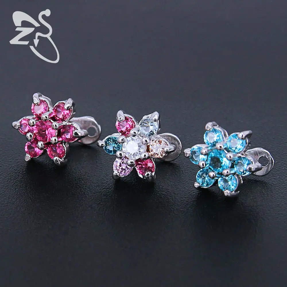 Cute White Pink Blue Flower Crystal Dermal Anchor Piercings Stainless Steel Skin Diver Tops Dermal Piercing Hide in Skin Jewelry