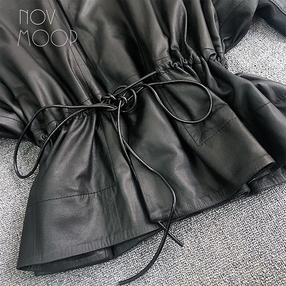 Women black genuine leather corrected grain lambskin leather coats jacket tie waist elasticized rib knit panel at sleeve LT2477