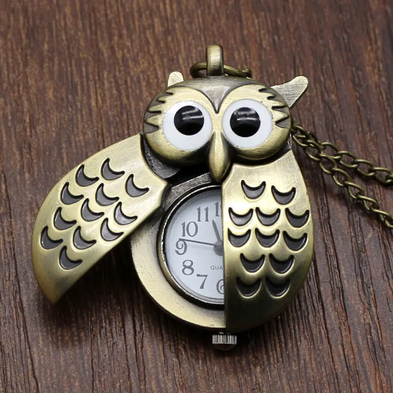 Bronze Copper Vintage Cute Mini Small Night Owl Quartz Pocket Watch Women Girl Lady Necklace Pendant Chain Birthday Gift P27