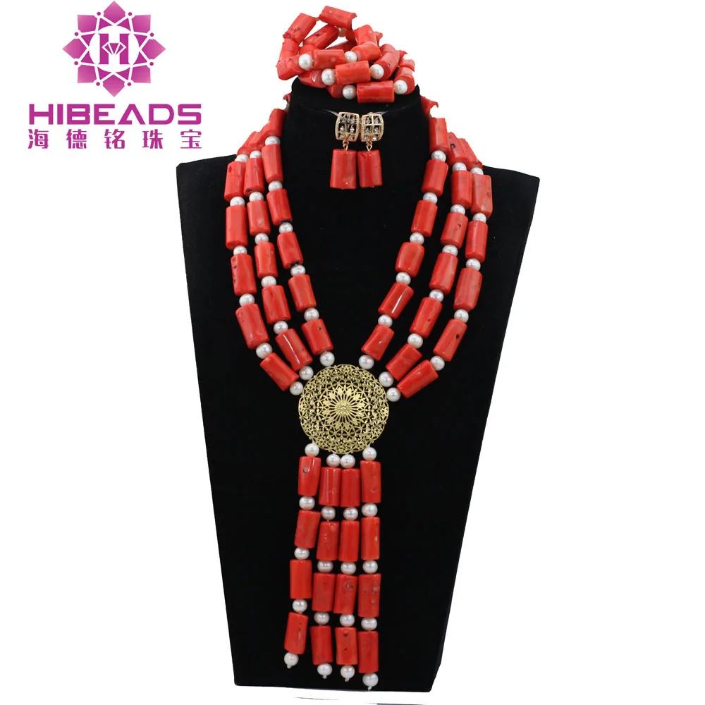 2024 Trendy Nigerian Wedding Coral Beads Jewelry Set African Bridal Beads Set Long Pink Coral Necklace Set Free Shipping ABH469