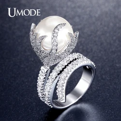 UMODE Ultra Big Synthetic Pearl Jewelry Fire Shaped Zirconia Rhodium Color Micro Paved Rings for Women New Anel Feminino UR0327