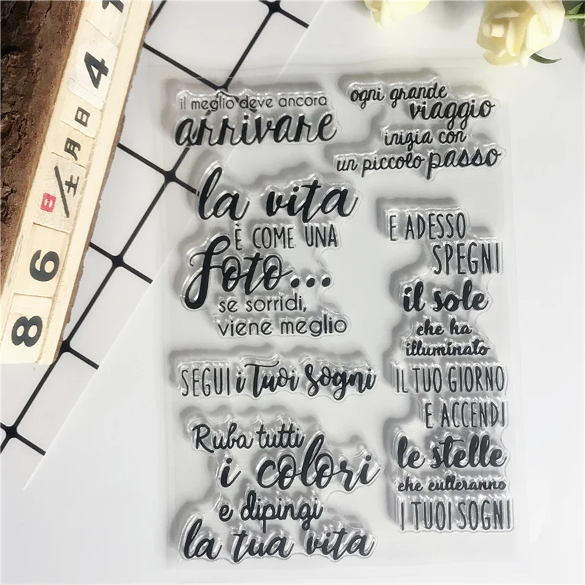 Włoskie przezroczyste znaczki do scrapbookingu tekst słowo nowy nabytek przezroczysty silikon Sentiment pieczątka silikonowy Album fotograficzny