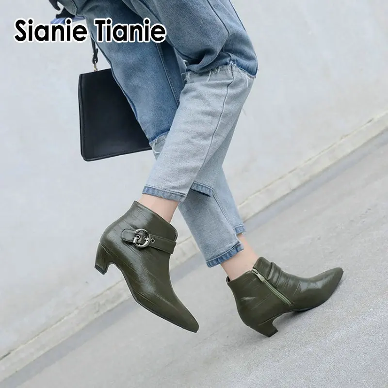 Sianie Tianie med stange heels woman shoes pointed toe green olive woman ankle boots winter boots with buckle plus size 45 46