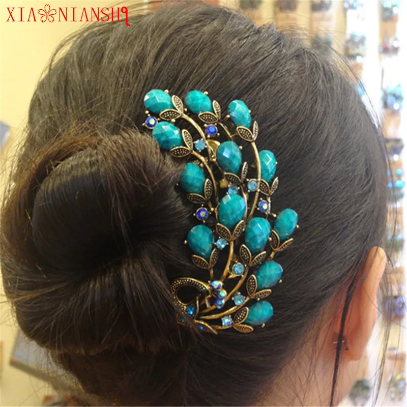 Vintage Resin&Crystal Rhinestone Peacock Hair Combs Antique Bronze Hair Clips Hairpins Headdress Exquisite Hair Jewelry Women