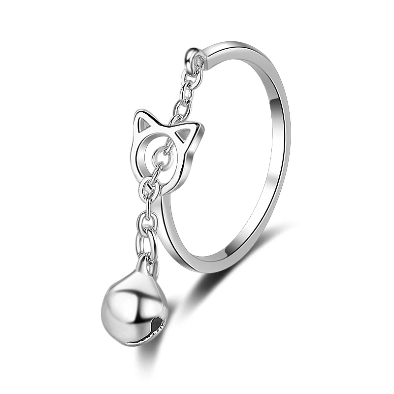 

Cute Cat Bell Rings For Women Jewelry Top Quality Silver 925 Sterling Ring Girl Bride Wedding Party Accessories Adjustable