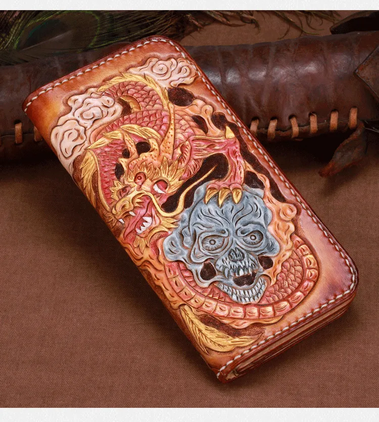 Women Genuine Leather Card Holder Wallets Hand Engraving Chinese Dragon Bag Purses Men Clutch Vegetable Tanned Leather Wallet