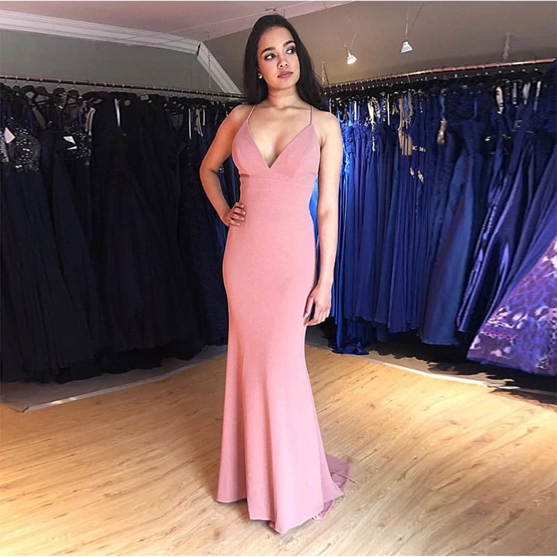 Simples Vestidos de Noite Rosa Com Decote Em V Sem Mangas Estilo Sereia 2019 Mulheres Formal Festa Vestidos Trumpet Barato Vestidos de Noite de Cetim