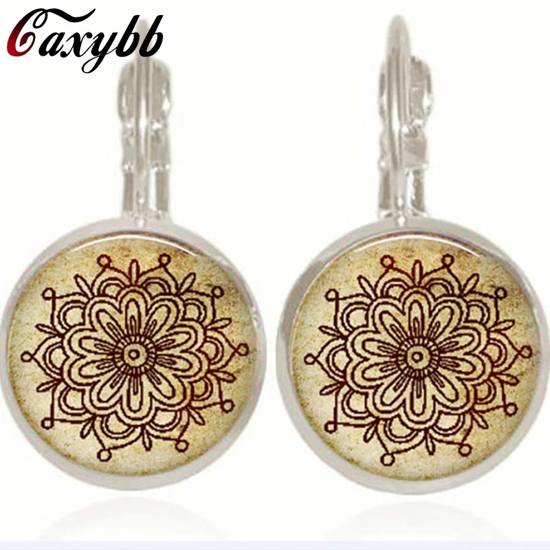 fashion henna yoga mandala flower earrings om symbol zen buddhism vintage dome glass cabochon earring handmade jewelry c-e259