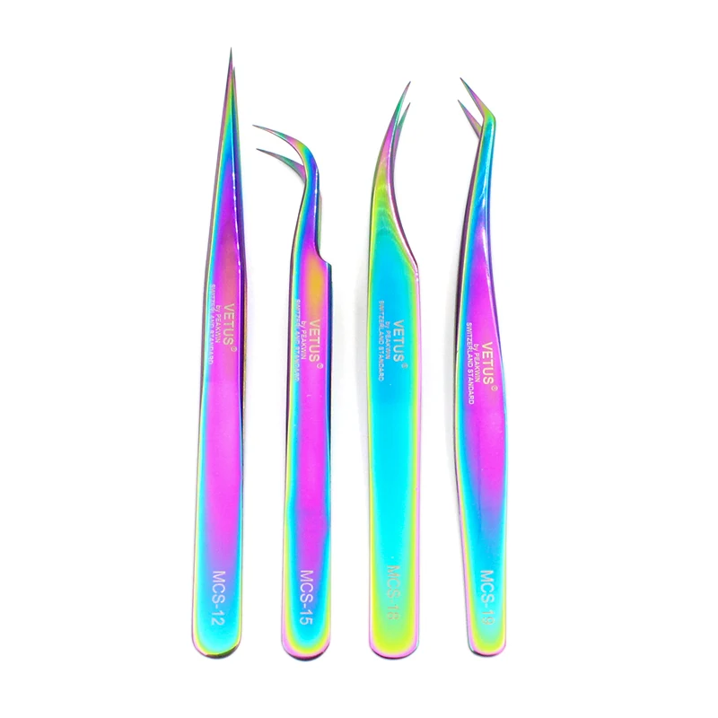 4PCS VETUS Original MCS Bright Blue Premium Beauty Makeup Tweezers for Eyelashes Extension Super Fine Tip High Precision Clip