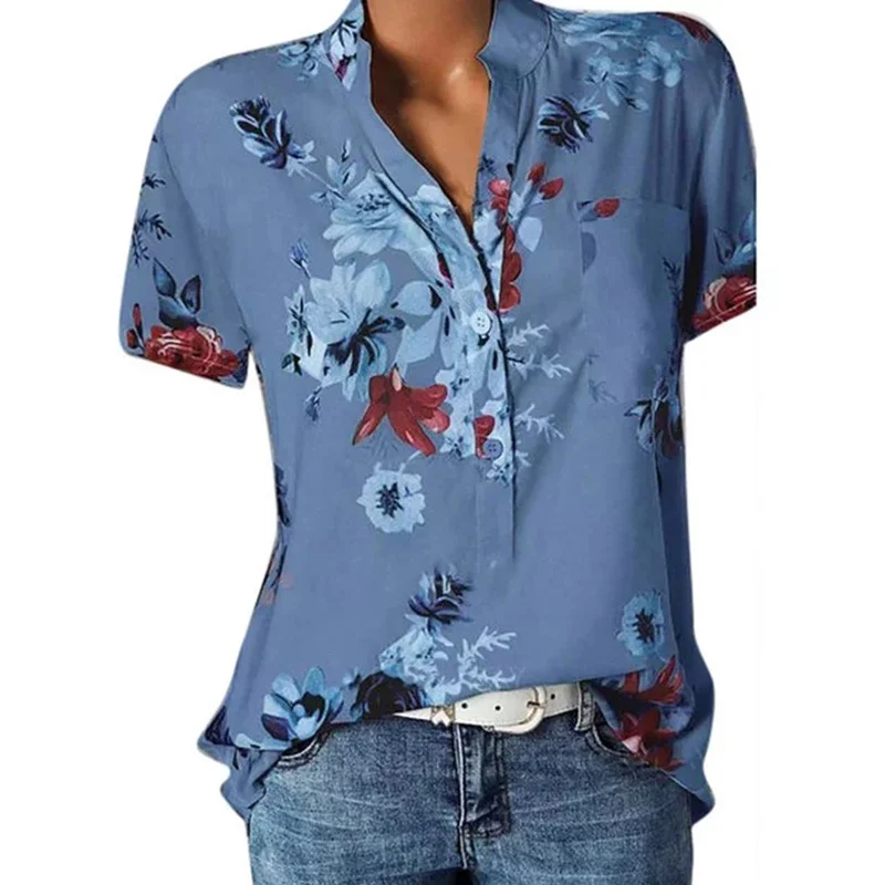 Camisa elegante con estampado para mujer, blusa informal de manga corta con cuello en V a la moda, talla grande