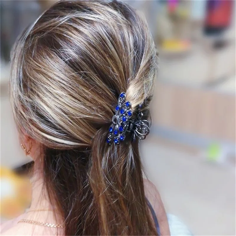 Vivid Peacock Hair Claws For Women Vintage Hair Jewelry Charm Big Rhinestone Crystal Crab Clip Wedding Hair Accessories Hairpin