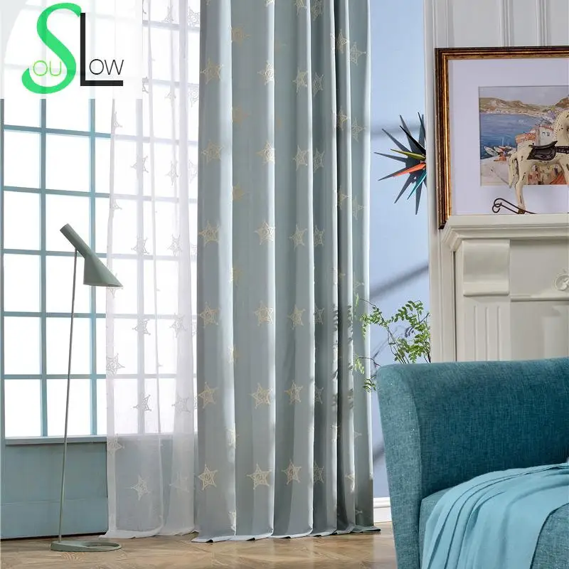 Slow Soul Blue Beige Curtain Embroidered Curtains star Modern Minimalist For Living Room Bedroom Chinese And Tulle