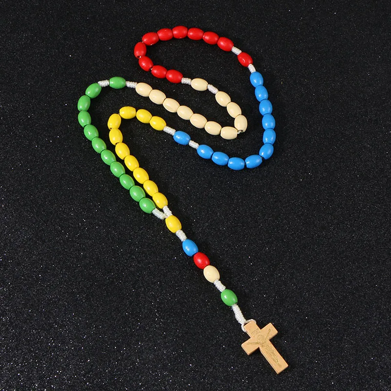 KOMi Handmade Jesus Wooden Weave Colored Rosary Cross Pendant Necklace Beads Orthodox Catholic Religious Praying Jewelry R-190