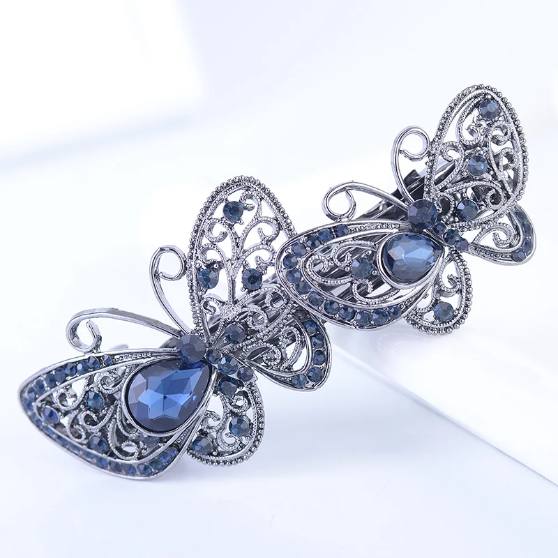 EASYA Vintage Fashion Double Butterfly Hairpin Hair Clips Ornaments New Arrival Big Rhinestone Crystal Animal Barrettes Hairwear