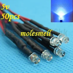 Free shipping 50pcs 3mm 5v Flat Top Blue LED Lamp Light Set Pre-Wired 3mm 5V DC Wired 3mm big/wide angle blue 5v led