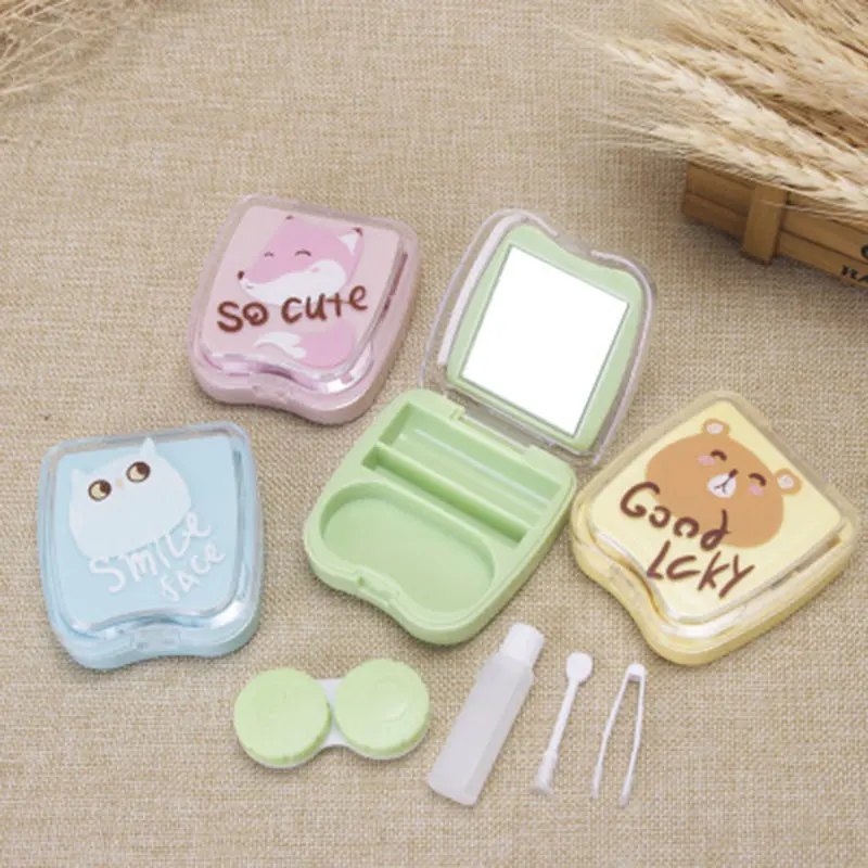 HUAMIANLI Candy Color Contact Lens Case Student Portable Contact Lens Case Bear Fox Print Mini Storage Square Box