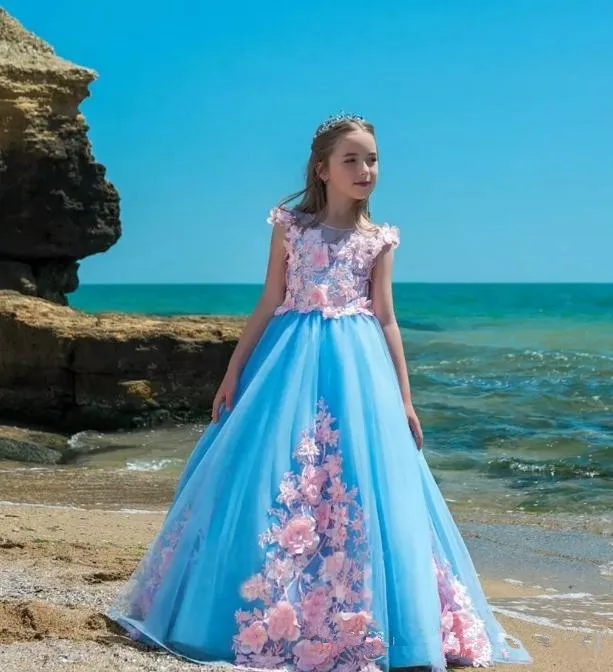 2021 Nieuwe Blauwe Bloem Meisje Jurken Voor Bruiloften Jewel Kapmouwtjes 3D Bloemen Bloem Zomer Strand Meisjes Pageant Jurk Prom kids Co