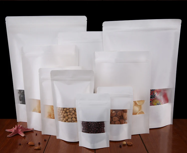 100pcs/lot-7 sizes options White Kraft Paper Stand Up Zip Lock Bag with Clear Window Coffee Bean Tea Powder Food Party Gift Bags