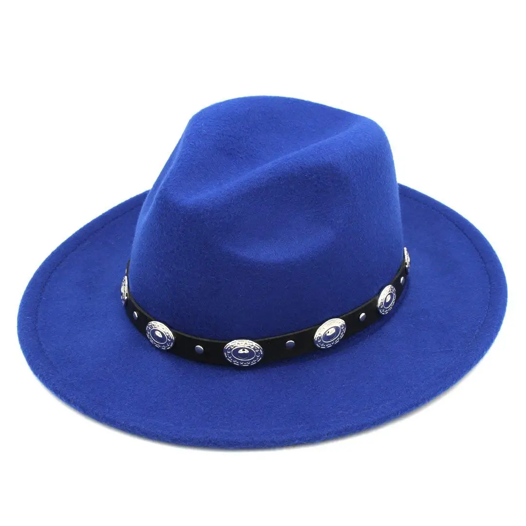 

Classic Autumn Felt Fedora Hat for Women Men Wide Brim Panama Cap Black Studded Belt Jazz Style Church Wedding Casual Accessory