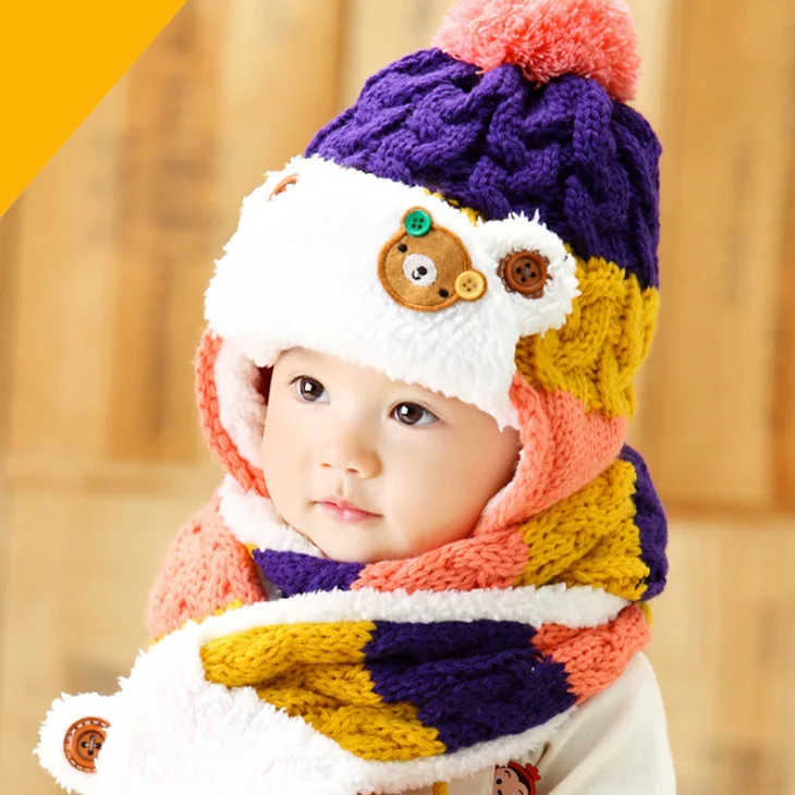 Child Baby Girls Hat Winter Warming Set Baby Cotton Hats Babies Boys Snow Plus Velvet Wool Hat For Kids Ear Protect Hat +Scarf