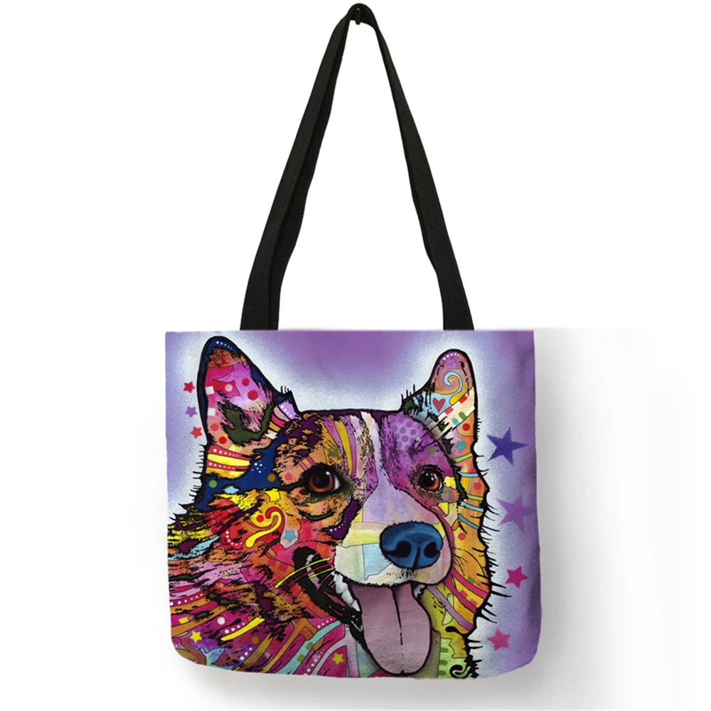 Personalized Oil Paint Bull Dog Terrier Print Tote Bag Linen Reusable Shopping Bags Women Fabric Handbags Customized Pattern