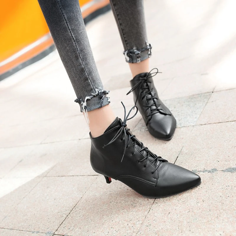 BLXQPYT Big size Spring Autumn Stiletto Thin low Heels Pointed Toe Leather Lace-Up Style Sexy Ankle Women Boots shoes woman 56-6