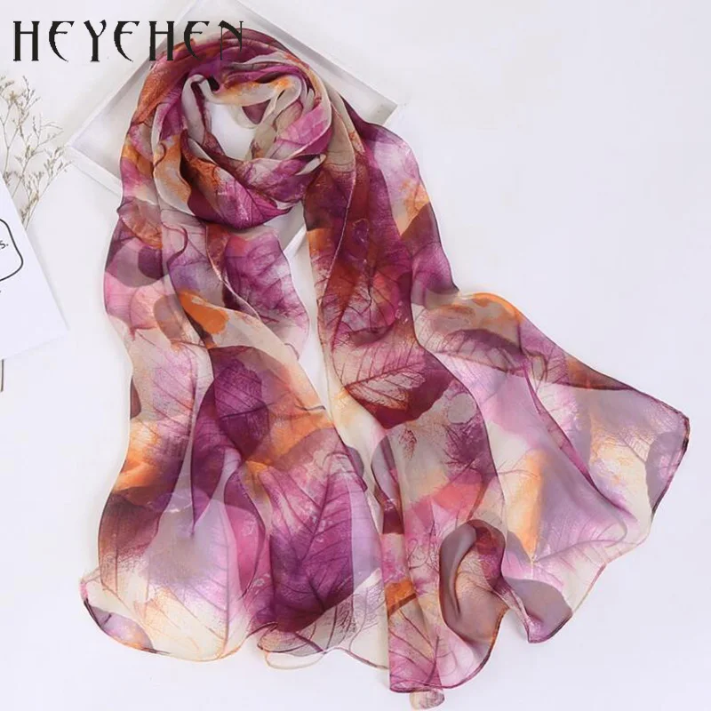 New Design Women Foulard Chiffon Georgette Silk Scarf Green Tree leaf Print Sunscreen Long Shawl Muslim Hijab HY87