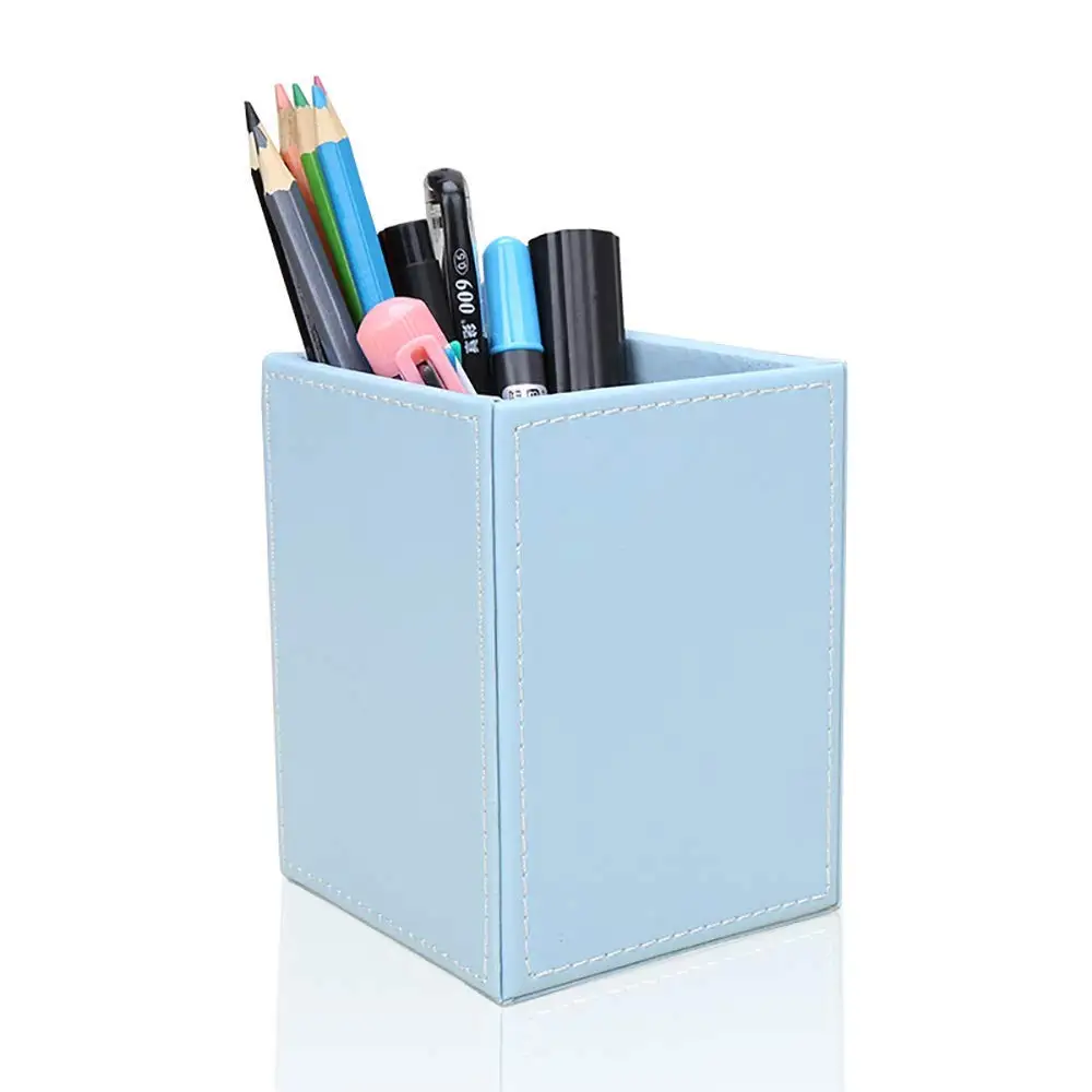 XRHYY Multi Colors PU Leather Square Pens Pencils Holder Cup Desktop Stationery Organizer Case Office Accessories Container Box